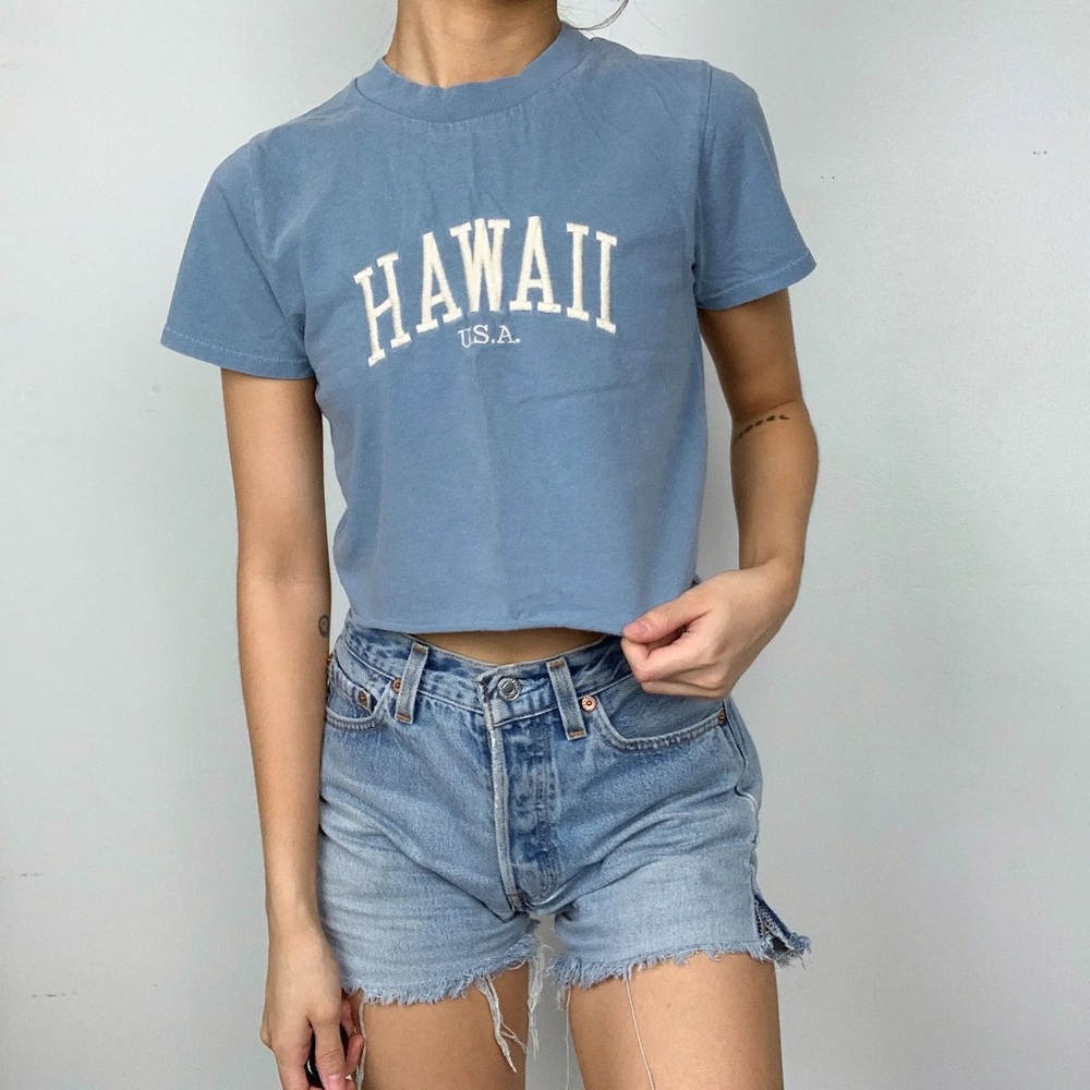 BRANDY MELVILLE Cropped 'Hawaii U.S.A.' Graphic Tee - Light Blue